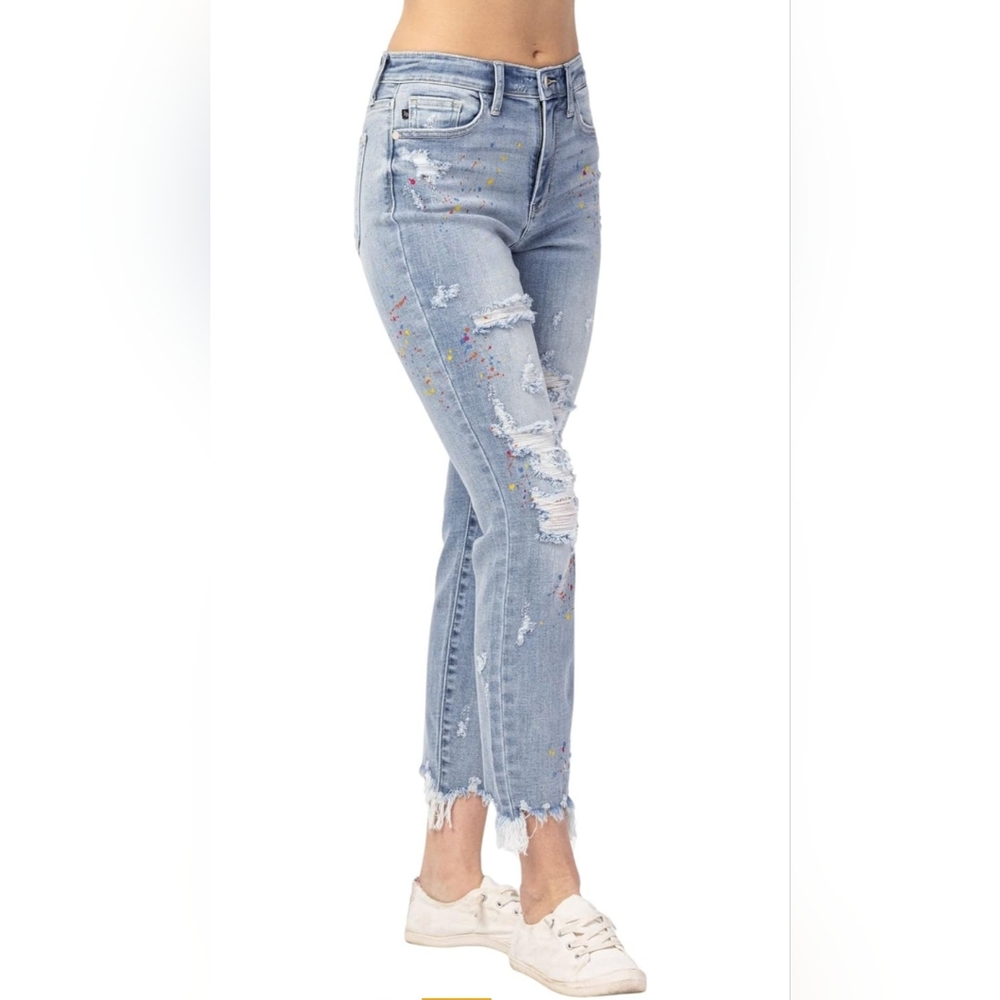 Judy Blue Paint Splatter Highrise Boyfriend Distressed Jeans - Size 9